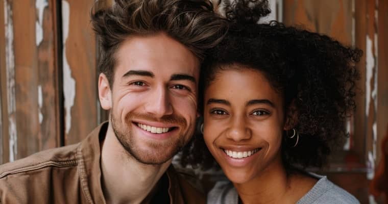 A young couple embrace and smile after dental treatment
